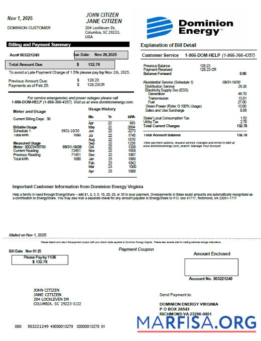 Printable USA Dominion Energy utility bill template in Word and PDF formats, version 2